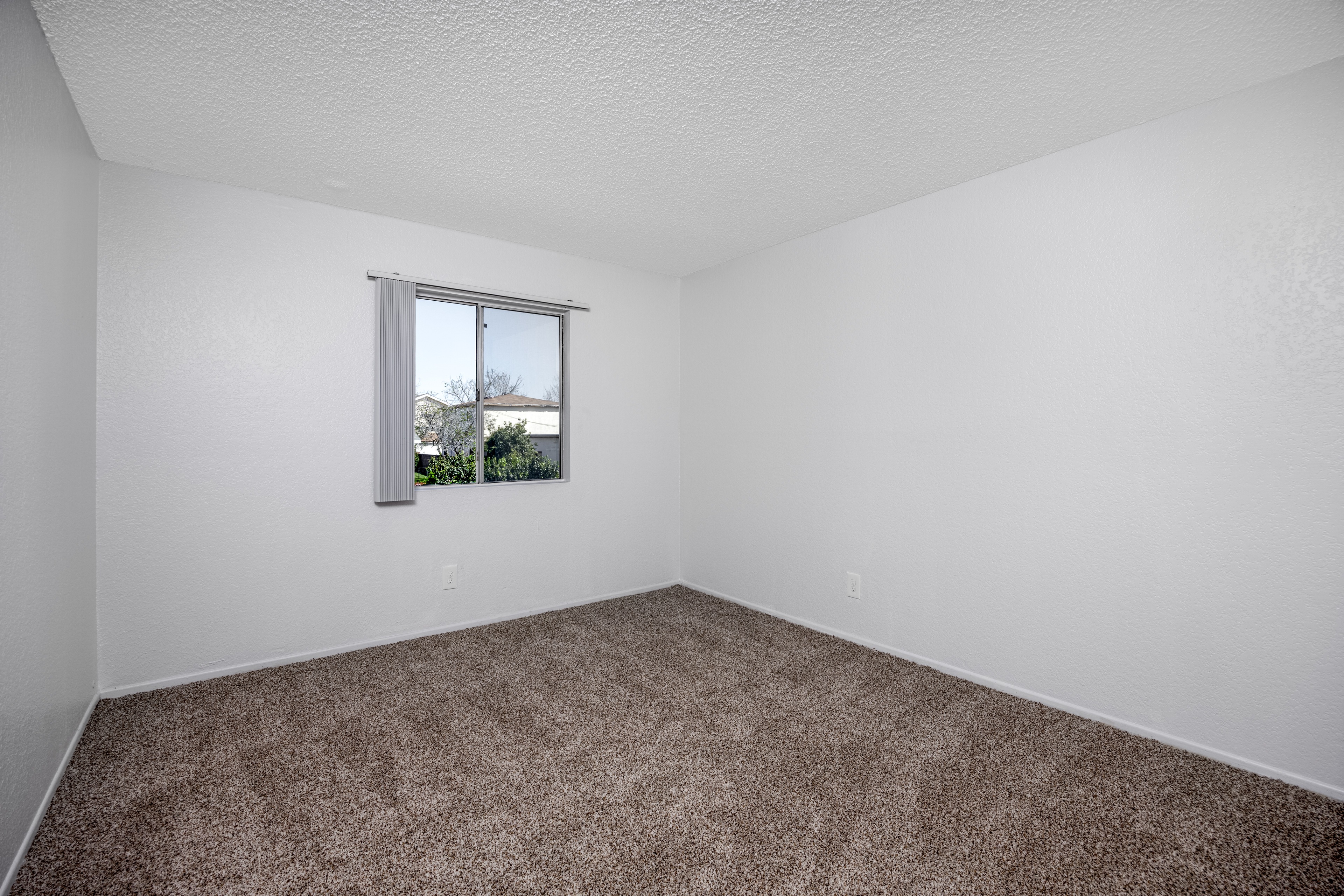 A room with a carpeted floor and a window.